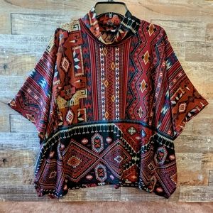 Emma G Aztec Boho Patterned Poncho W/Mock Neck Turtleneck
